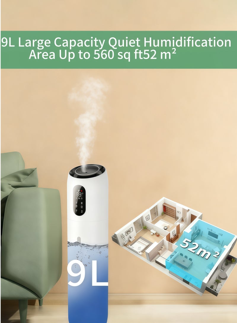 مرطب عالمي كبير السعة للصالات وغرف النوم، سعة 9 لتر بتقنية الضباب البارد بالموجات فوق الصوتية مع تعقيم بالأشعة فوق البنفسجية وترشيح الشوائب، تصميم تعبئة علوية، يعمل حتى 52 ساعة، يمتلك وضع النوم وإيقاف تلقائي ووظيفة ضوء ليلي، مثالي للرضع والمنزل والمكتب، مزود بشاشة عرض درجة الحرارة ومؤشر إضاءة LED، اللون الأبيض. - Image 3